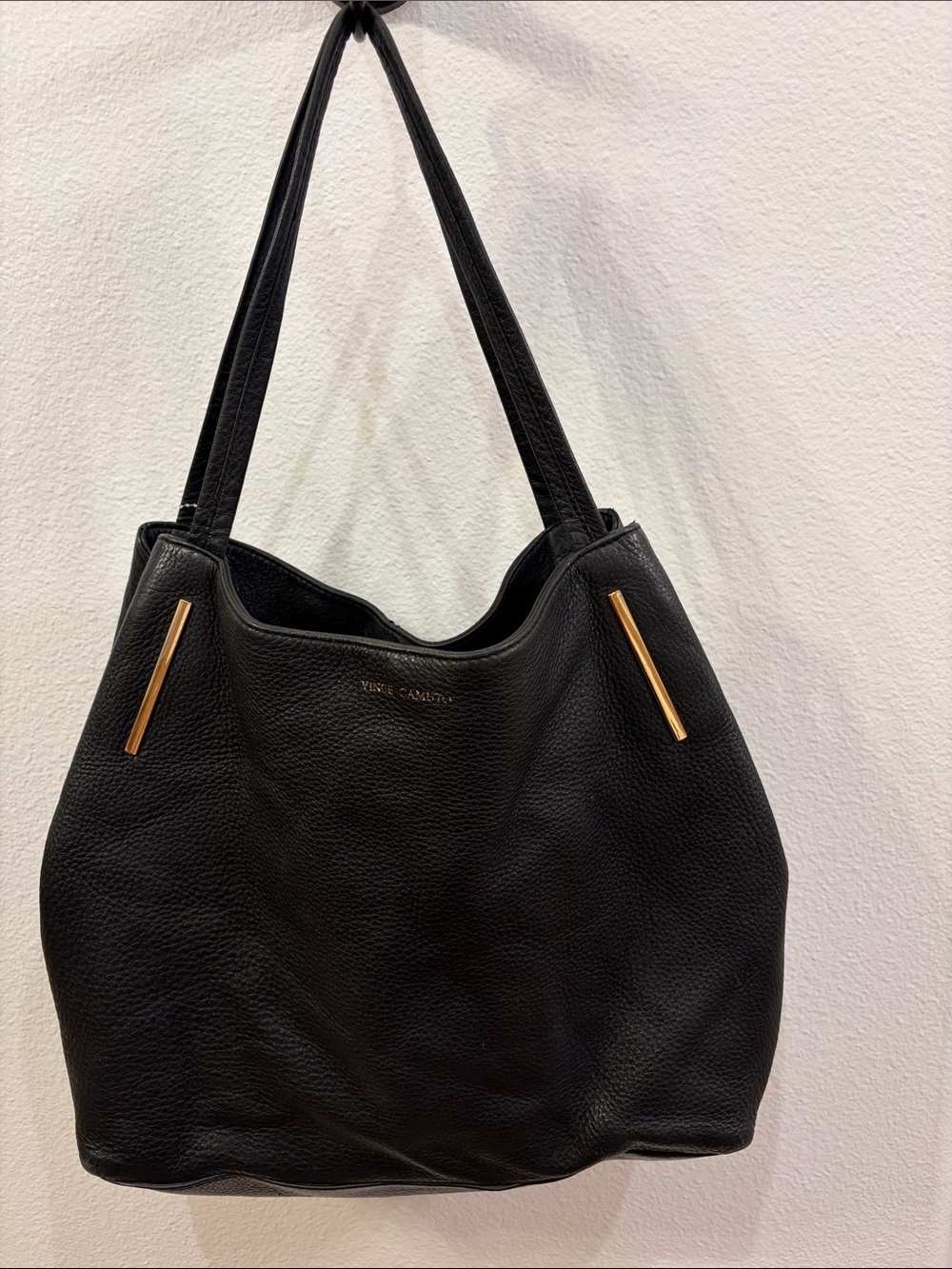 Vince Camuto Black Pebbled Leather Shoulder Tote with Gold Accents